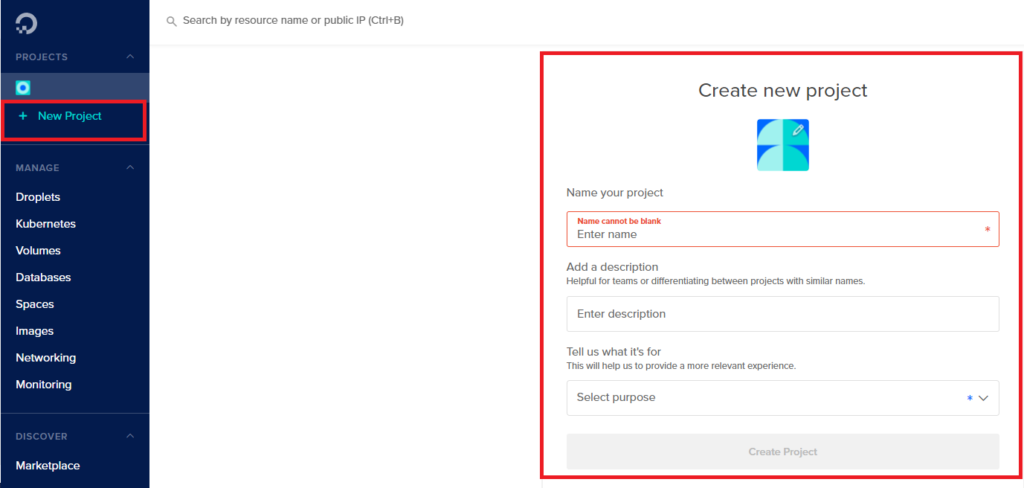 DigitalOcean DataCenter create project